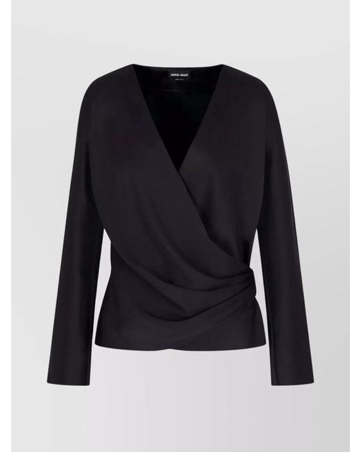 Giorgio Armani Blue Silk Draped V-Neck Long-Sleeve Blouse