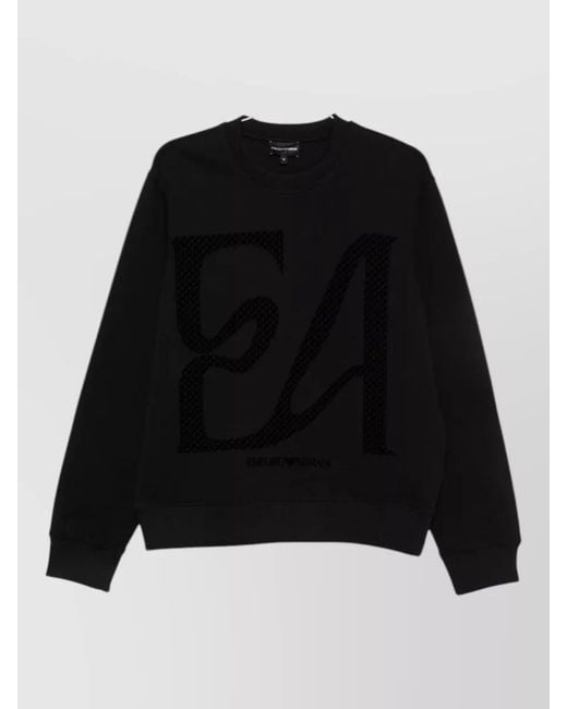 Emporio Armani Black Logo Cotton Sweatshirt Regular Fit Ribbed Cuffs for men