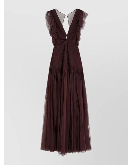 Elisabetta Franchi Purple Dress Knee Length V Neck Ruffle Sleeves