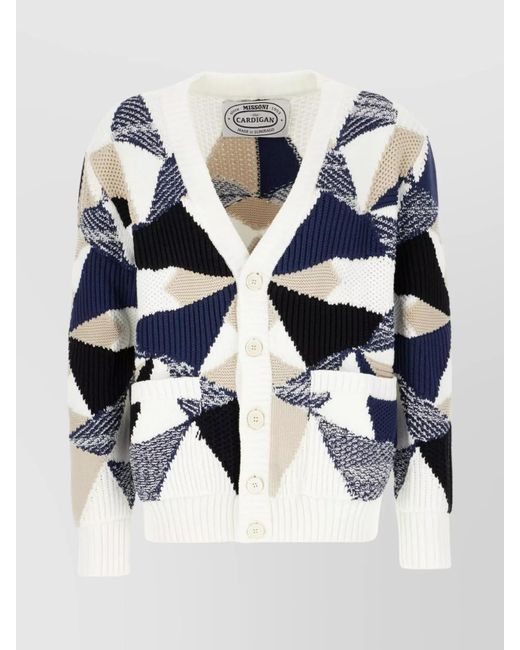 Missoni Blue V-Neck Geometric Pattern Sweater With Front Pockets for men
