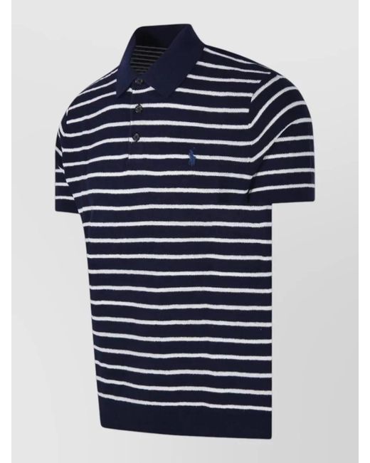 Ralph Lauren Blue Polo Shirt Short Sleeves Striped Ribbed Collar for men