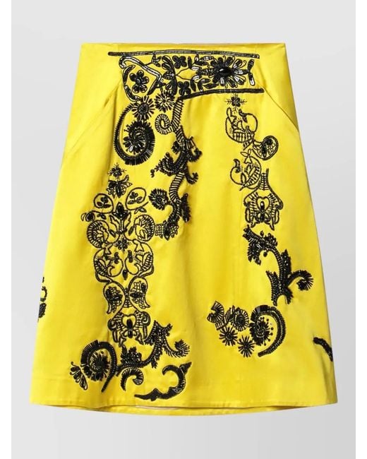 Dries Van Noten Yellow High Waist Floral Embroidery A Line Skirt