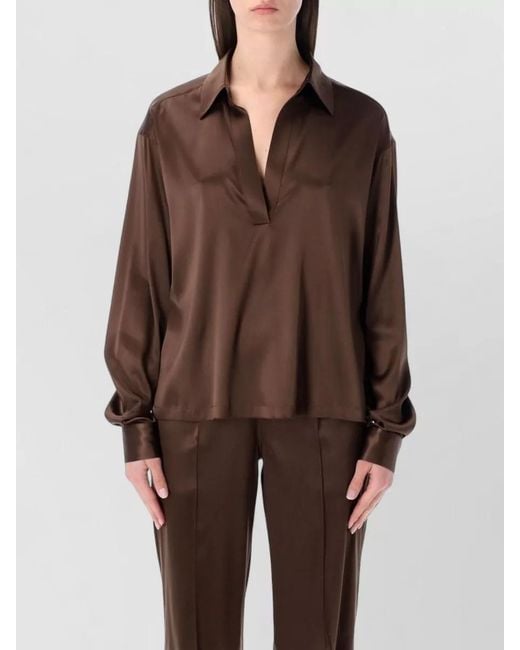 Tom Ford Brown Silk Satin Polo Neck Long Sleeve Top