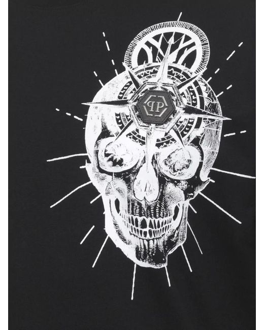 Philipp Plein Black Skull Tattoo Print Cotton T Shirt for men
