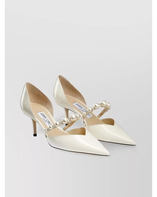 Jimmy Choo Natural Patent Leather Faux Pearl Embellished Mid Heel Pumps