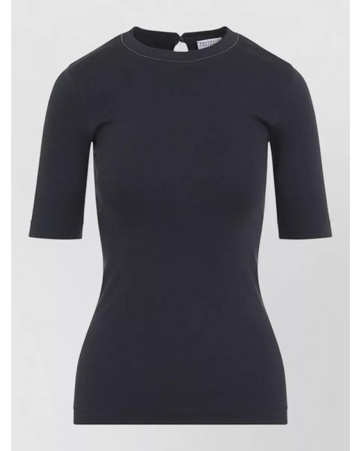 Brunello Cucinelli Blue Rib Knit T Shirt Keyhole Neck