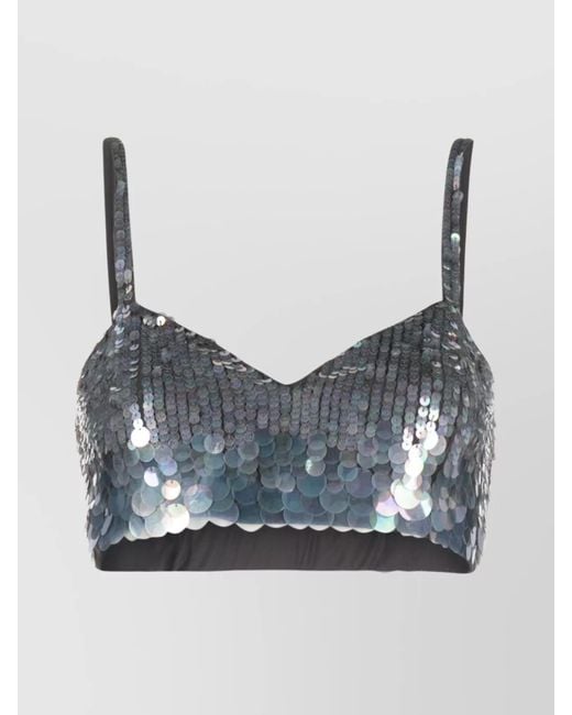 P.A.R.O.S.H. Blue Iridescent Sequin Mesh Cropped Top