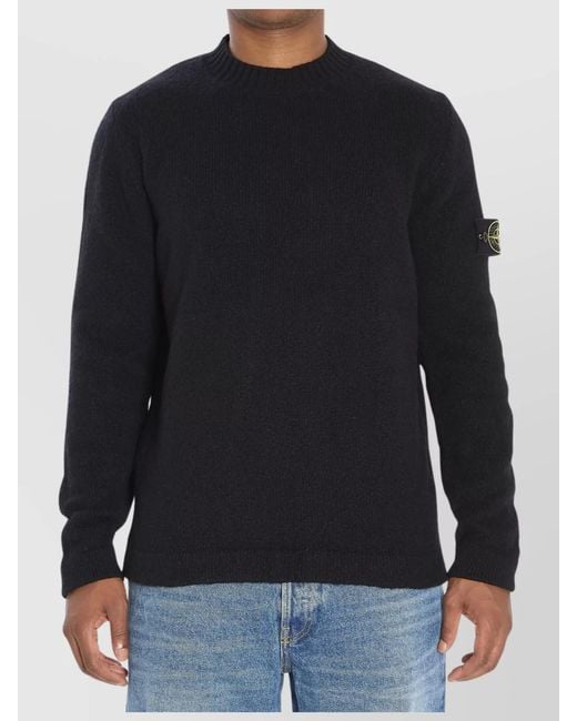 Stone Island Black Brushed Ribbed Crew Neck Wool Blend Sweater for men