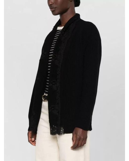 ERMANNO FIRENZE Black Relaxed Ribbed Lace Knit Long Sleeve Layer