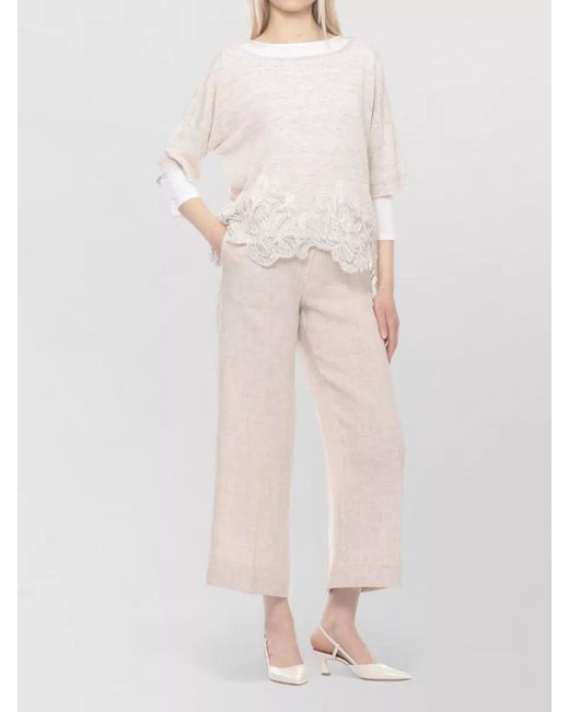 D.exterior White Crewneck Top Lace Hem Short Sleeves