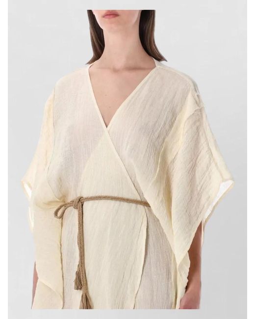 120% Lino Natural Long Beach Dress Belted Waist Sheer