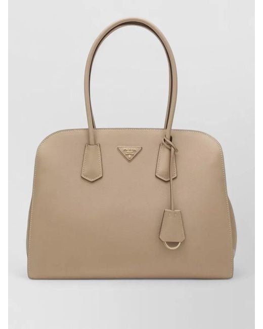 Prada Natural Tote Bag Structured Shape Top Handles Keychain