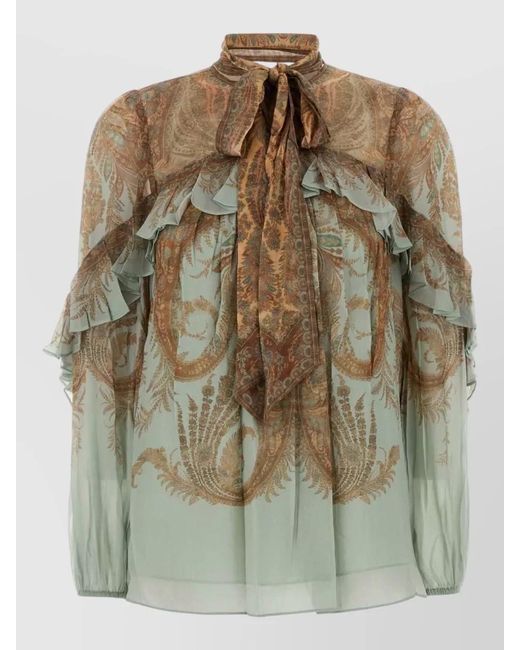 Zimmermann Green High Neck Long Tie Sheer Ruffle Top