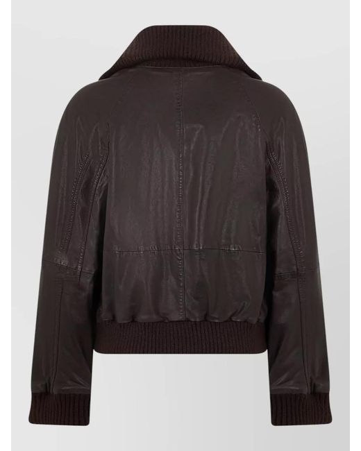 Pinko Black Leather Jacket Knit Inserts Cropped Silhouette