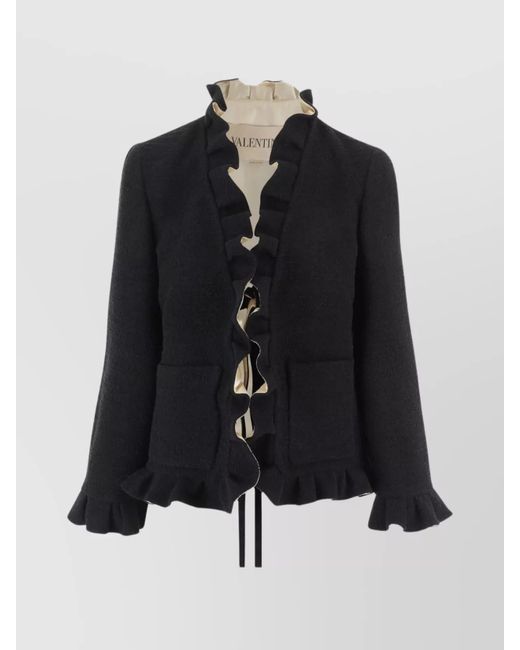 Valentino Blue Long Sleeve Jacket Ruffled Trim Front Pockets