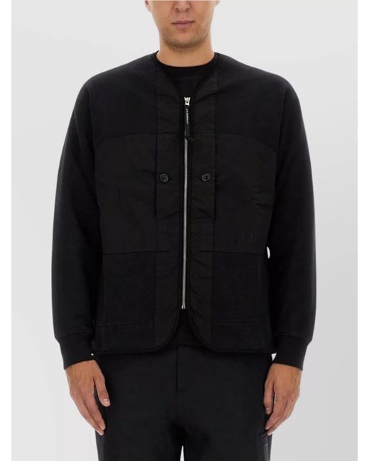 C P Company Black Zip Sweatshirt With Button And Patchwork for men