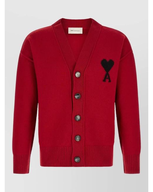 AMI Red Wool V-Neck Ribbed Cardigan for men
