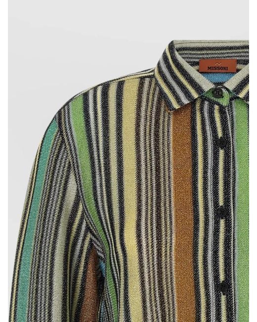 Missoni Green Metallic Viscose Knit Shirt Striped Cuffs