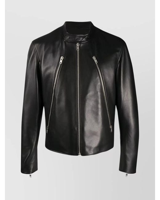 Maison Margiela Black Leather Zippered Pockets Mock Neck Jacket for men