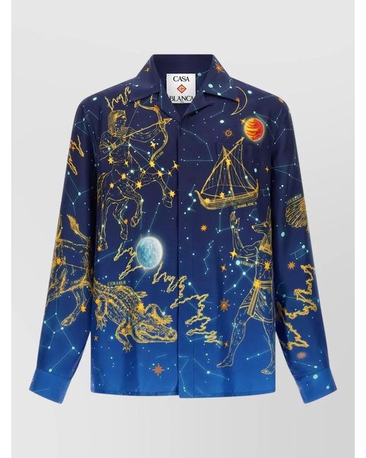 Casablanca Blue Silk Astrology Print Cuban Collar Shirt for men