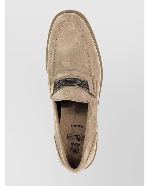 Brunello Cucinelli Natural Suede Crystal Embellished Penny Loafers