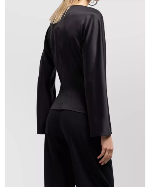Giorgio Armani Blue Silk Draped V-Neck Long-Sleeve Blouse