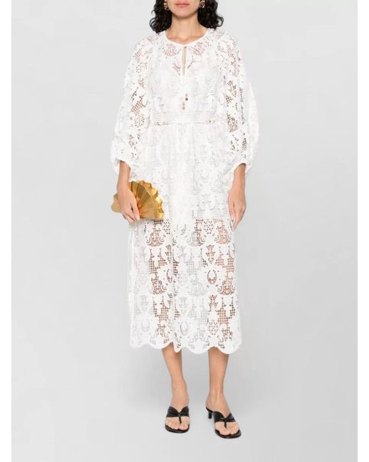 Zimmermann White Coco Lace Midi Dress Tie Neckline