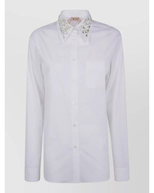 N°21 White Shirt Chest Pocket Embellished Collar Long Sleeves