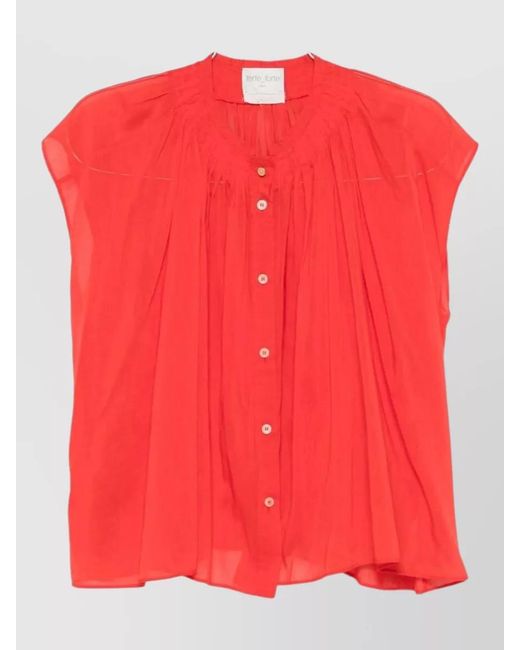Forte_forte Red Cotton Silk Shirt Cap Sleeves Pleated