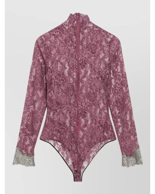 Valentino Purple Lace Bodysuit Top Sheer Floral Pattern