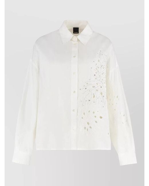 Pinko White Centoundici Cotton Shirt Rhinestone Embroidery