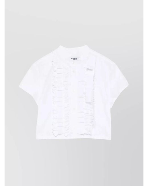 MSGM White Short Sleeve Ruffle Detail Cropped Top