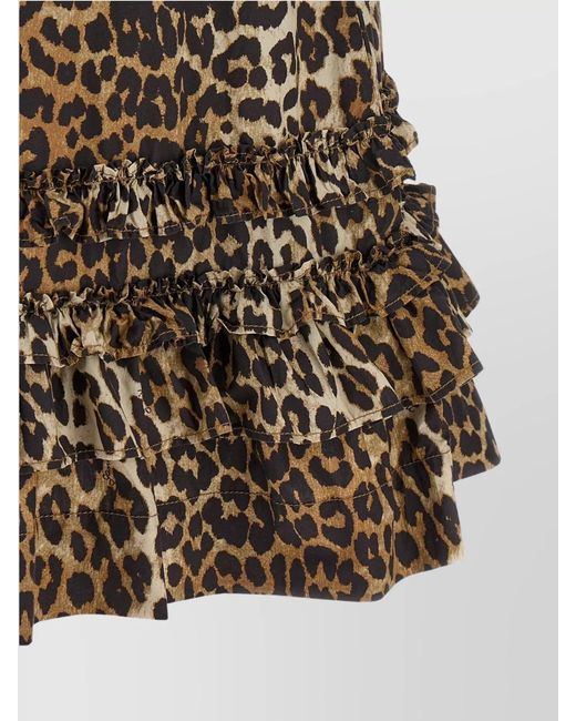 Ganni Natural Organic Cotton Leopard Ruffled Square Neck Mini Dress