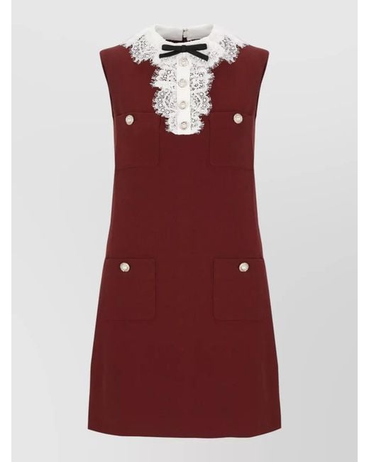 Self-Portrait Red Knee Length Dress Jewel Buttons Lace Collar