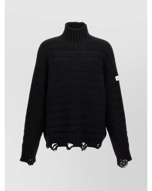 MM6 by Maison Margiela Black Ribbed Distressed Turtleneck Sweater for men