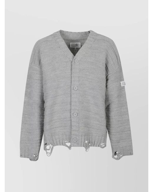 MM6 by Maison Martin Margiela Gray Logo V-Neck Distressed Hem Sweater for men