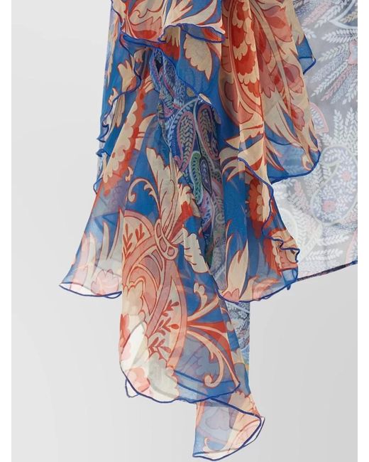 Etro Blue Silk Floral-Print Ruffled V-Neck Long-Sleeve Blouse