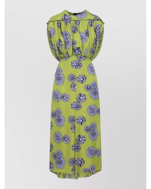 Lanvin Green Silk Printed Draped Asymmetric Sleeveless Midi Dress