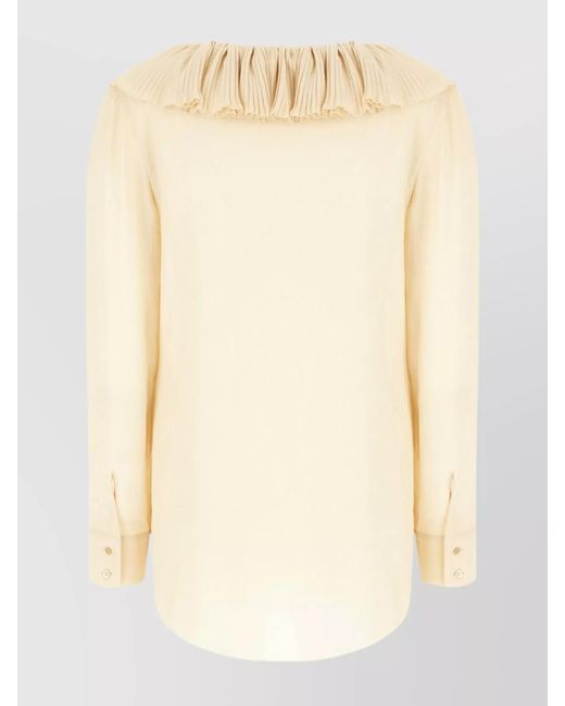 Saint Laurent Natural Silk Ruffled V-Neck Long-Sleeve Blouse