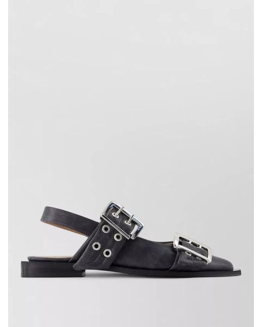 Ganni Black Buckle Slingback Leather Ballerina Sandals