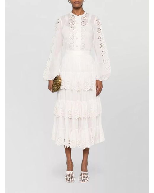 Zimmermann Natural Embroidered Tiered High Rise Midi Skirt