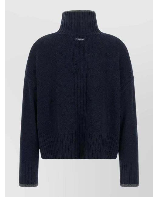 Pinko Blue High Neck Cropped Sweater Long Sleeves Ribbed