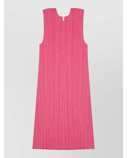 Pleats Please Issey Miyake Pink Sleeveless Round Neck Midi Dress Pleated
