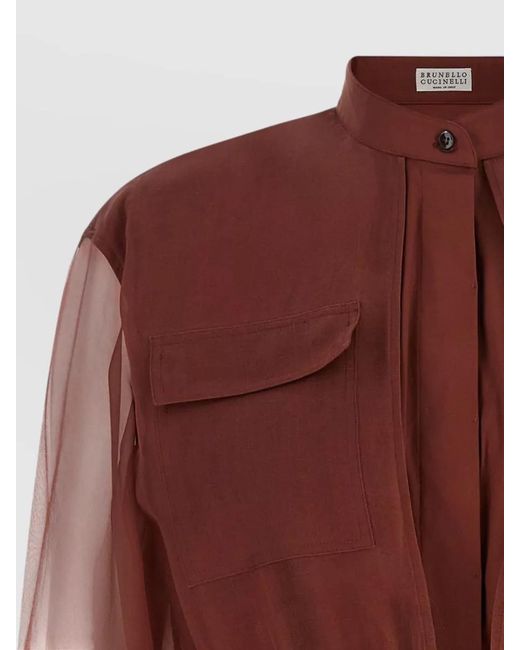 Brunello Cucinelli Brown Silk Sleeve Peplos Jacket Shirt