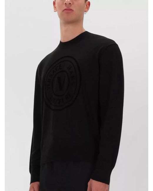 Versace Jeans Couture Black Knit Top Crew Neck V Emblem for men