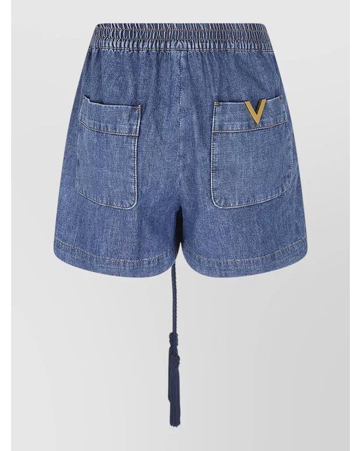 Valentino Garavani Blue Chambray Denim Shorts Straight Cut Back Pockets