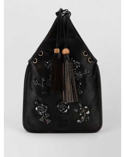 Miu Miu Black Nappa Leather Bucket Bag Embellished Tassels