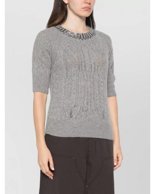 Ermanno Scervino Gray Cashmere Crewneck Sweater Crystal Beaded Neckline