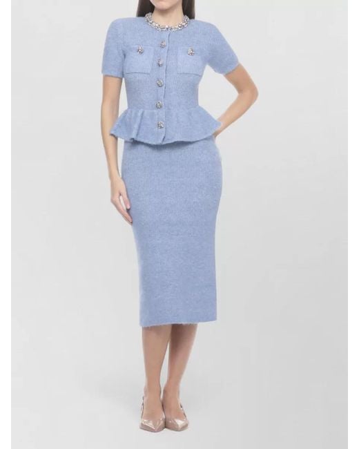 Self-Portrait Blue Metallic Knit Belted Short-Sleeve Midi Dress