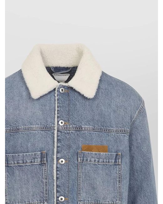 Bottega Veneta Blue Shearling Denim Jacket Intrecciato Leather Detail for men